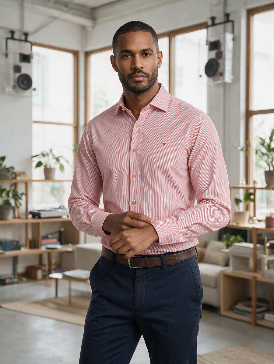 Camisa Casual Manga Larga Microrrayas Rojas