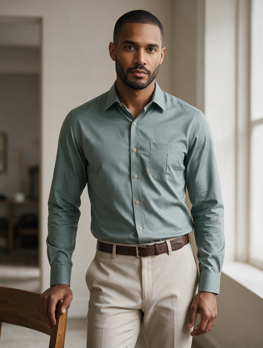 Camisa Casual Manga Larga Verde Salvia