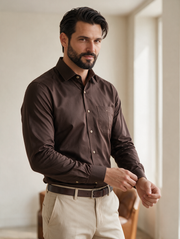 Camisa Sport Manga Larga Café Sólido