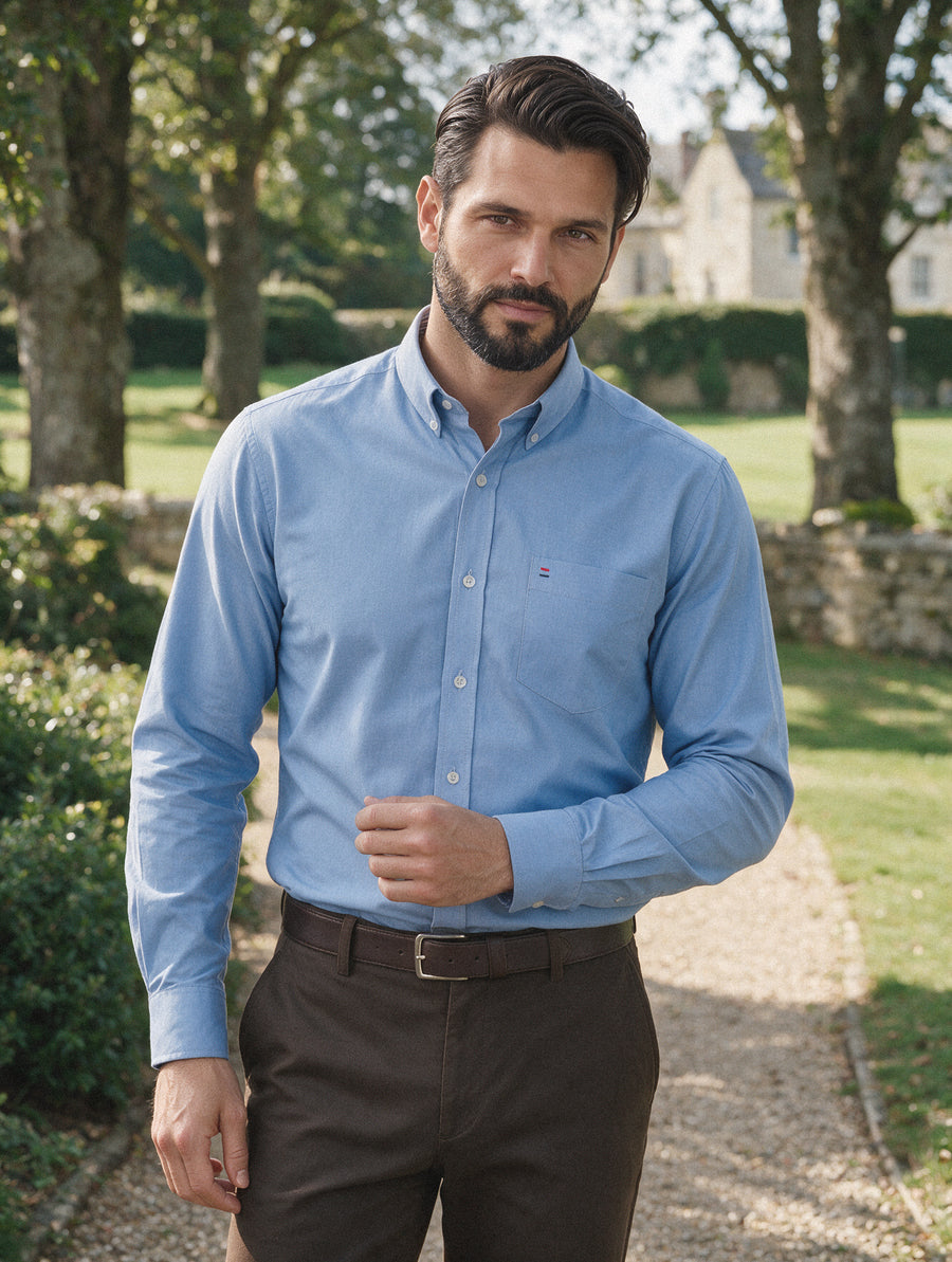 Camisa Casual Manga Larga Azul Celeste Oxford