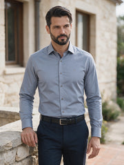 Camisa Casual Manga Larga Azul con Detalles en Contraste