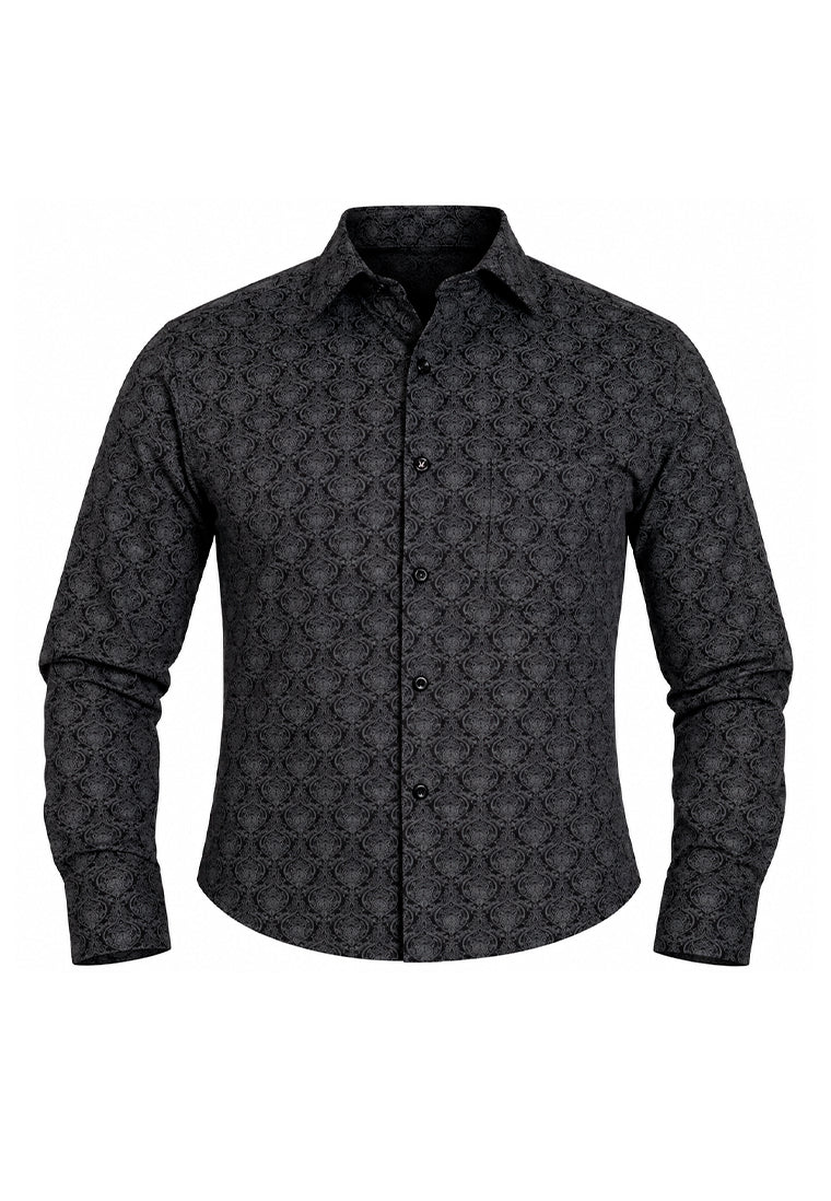Camisa Casual Manga Larga Estampado Damasco Gris