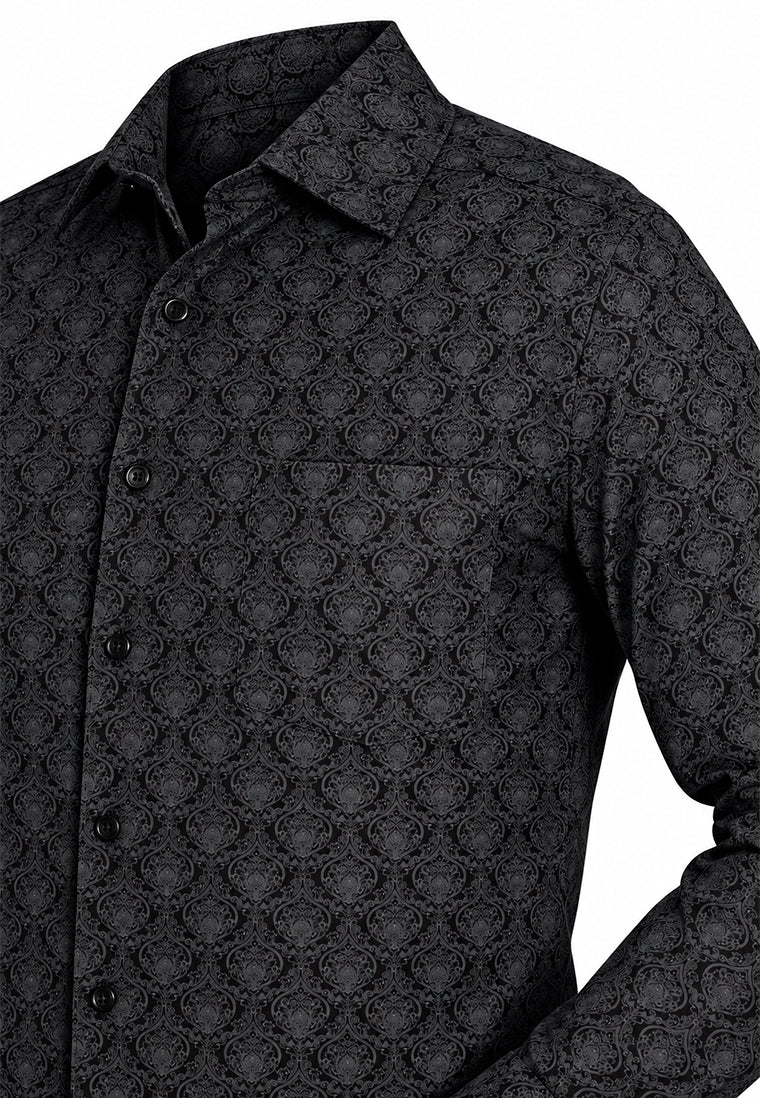 Camisa Casual Manga Larga Estampado Damasco Gris