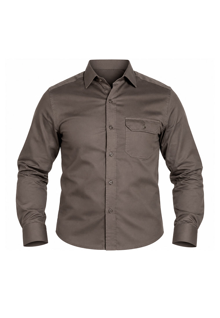 Camisa Sport Manga Larga Café con Bolsillo de Solapa