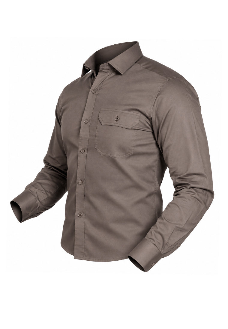 Camisa Sport Manga Larga Café con Bolsillo de Solapa