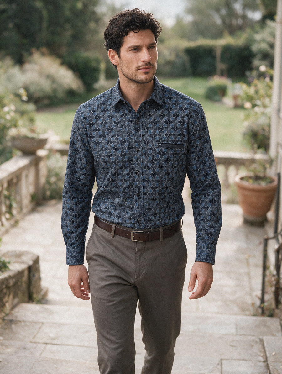 Camisa Sport Manga Larga Estampado Círculos Azules