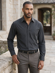 Camisa Sport Manga Larga Gris Jaspeado Doble Bolsillo