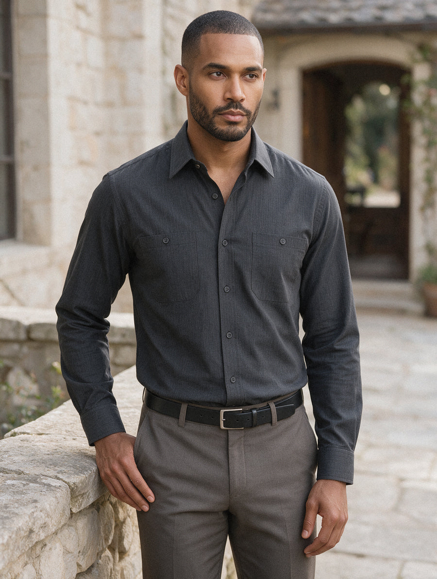 Camisa Sport Manga Larga Gris Jaspeado Doble Bolsillo