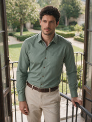 Camisa Sport Manga Larga Verde Suave con Contraste