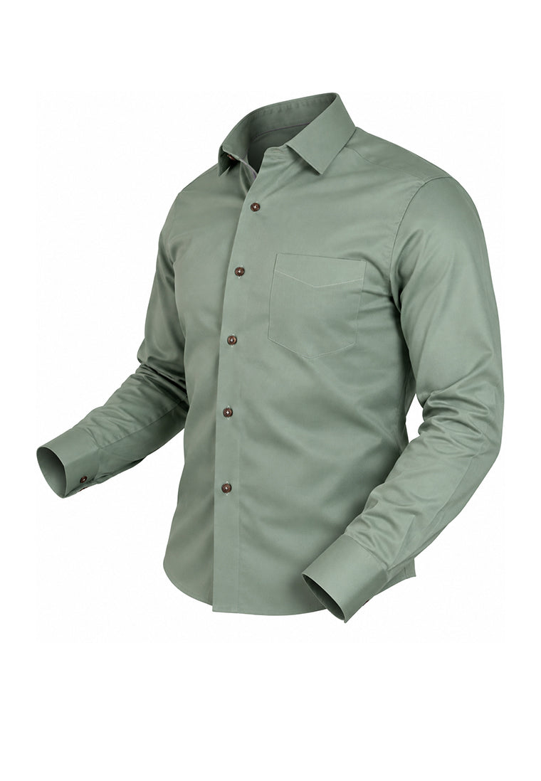 Camisa Sport Manga Larga Verde Suave con Contraste