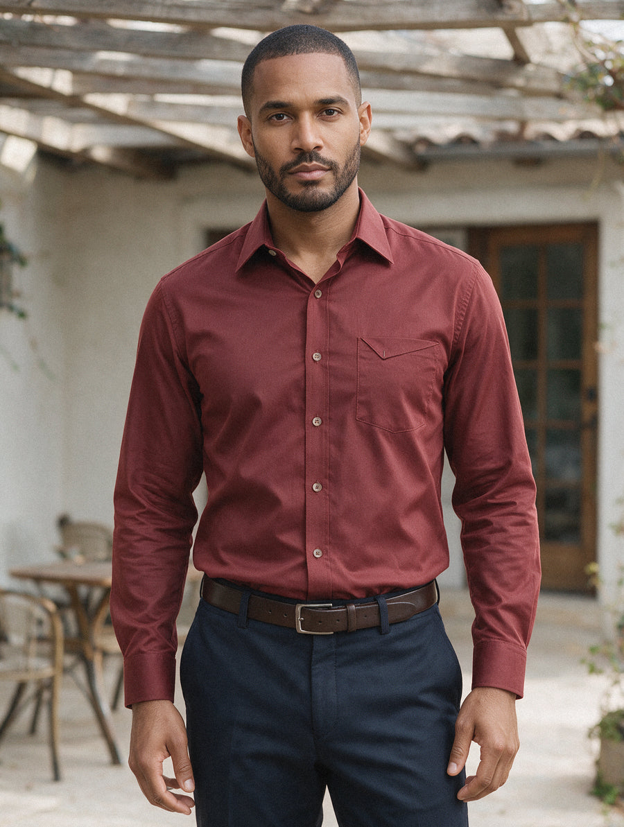 Camisa Sport Manga Larga Vinotinto con Bolsillo